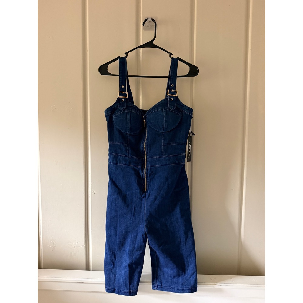 Haute Monde Denim Romper Jumpsuit Zip Front Stretchy